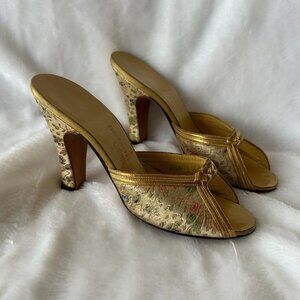 Joseph Salon Shoes Womens Size 5.5 VTG Pin Up Trad Wife Gold Tapestry Peep Toe